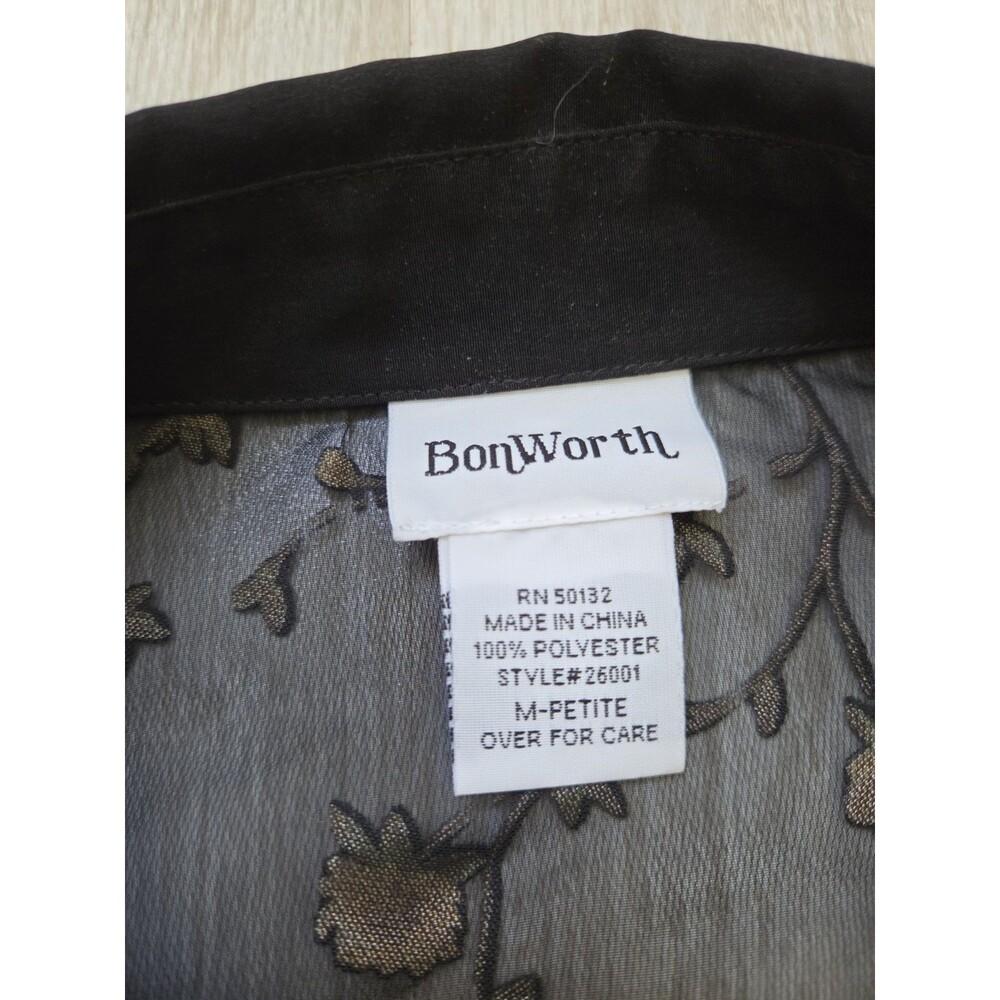 BonWorth M Petite Black Sheer Floral Embroidered Button Up Blouse Long Sleeve - Picture 3 of 8